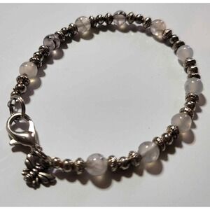 Tourmaline and Silver Tone Bead Bracelet Honey Bee Charm 7"